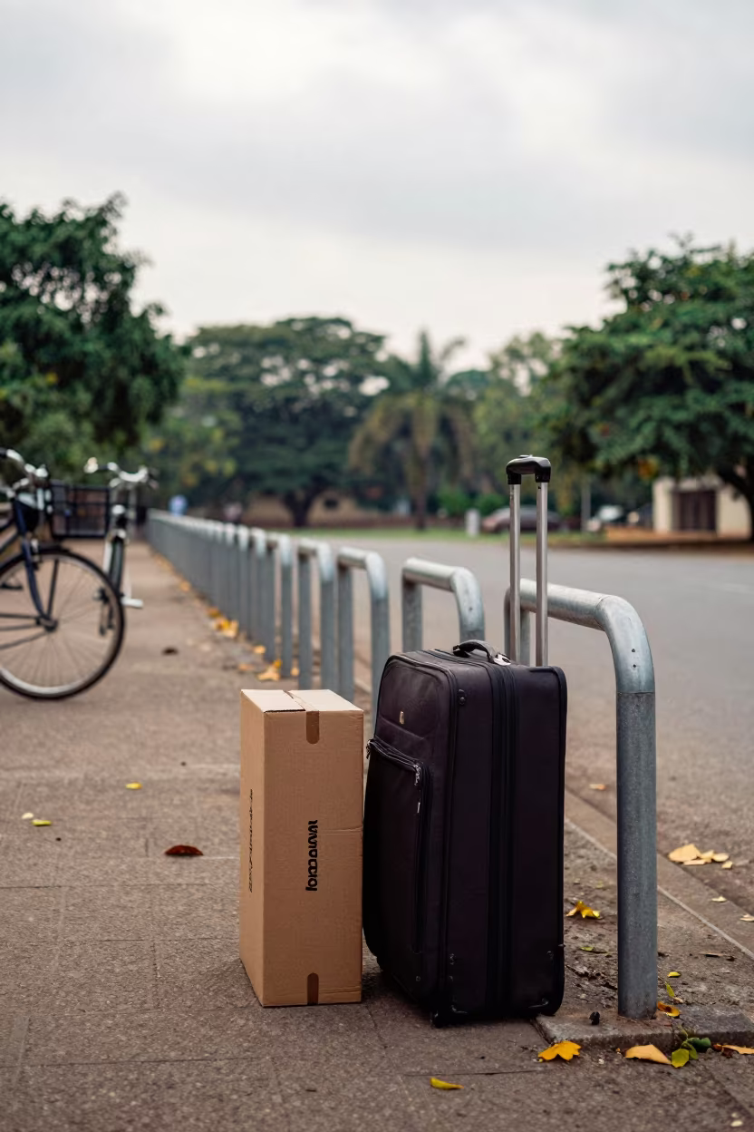 Graduation Cap Box Beside Suitcase at Campus in beside campus bike racks at dawn in Nizamabad