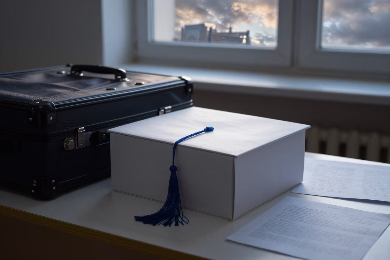 Graduation Cap Box Beside Suitcase in at a seminar table covered in notes in Afrosiab, Samarkand