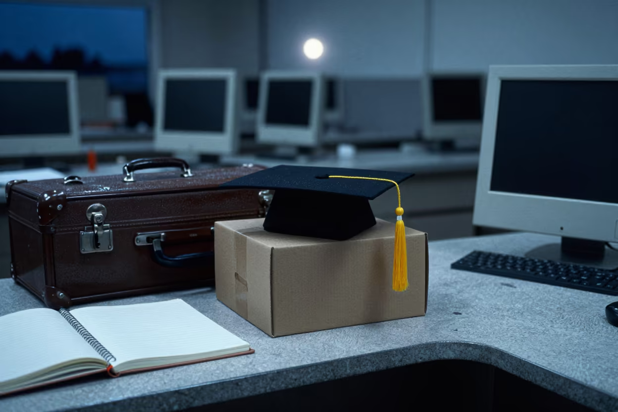 Graduation Cap Box Beside Suitcase in Lab in in a computer lab before lessons in Tlaquepaque