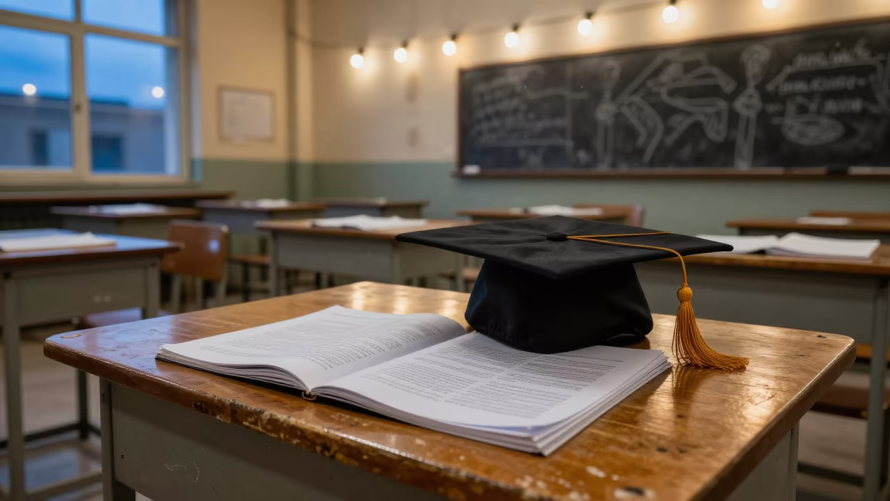 Graduation Cap on Lab Desks in Cairo in in a school laboratory in Cairo