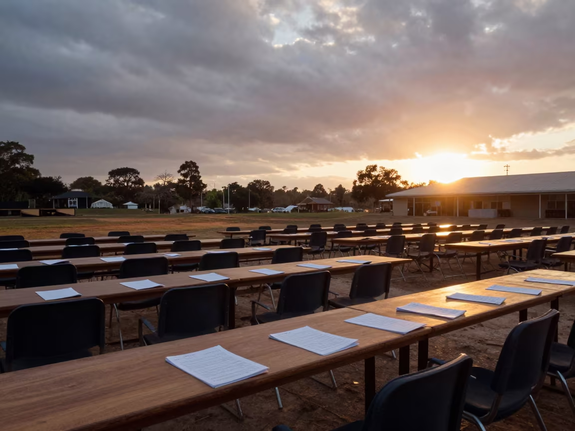 Graduation Chairs Under Amber Sunset Light in at a seminar table covered in notes near Ondjiva