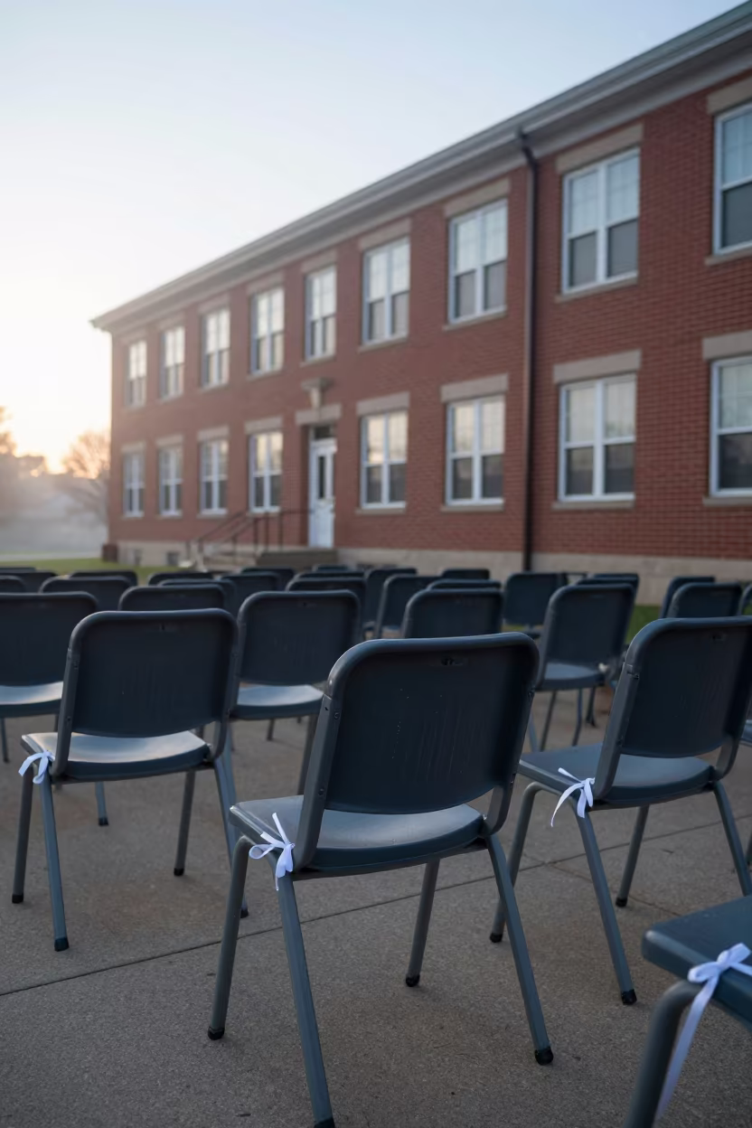 Graduation Chairs Tied Ribbons Brick Lecture Hall Dawn in outside a brick lecture building near Madison