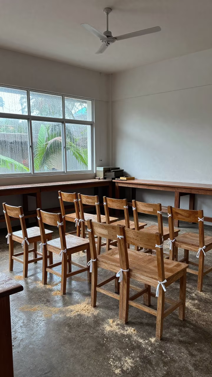 Graduation Chairs Tied with Ribbons in Da Nang Woodshop in in a woodshop classroom in Da Nang