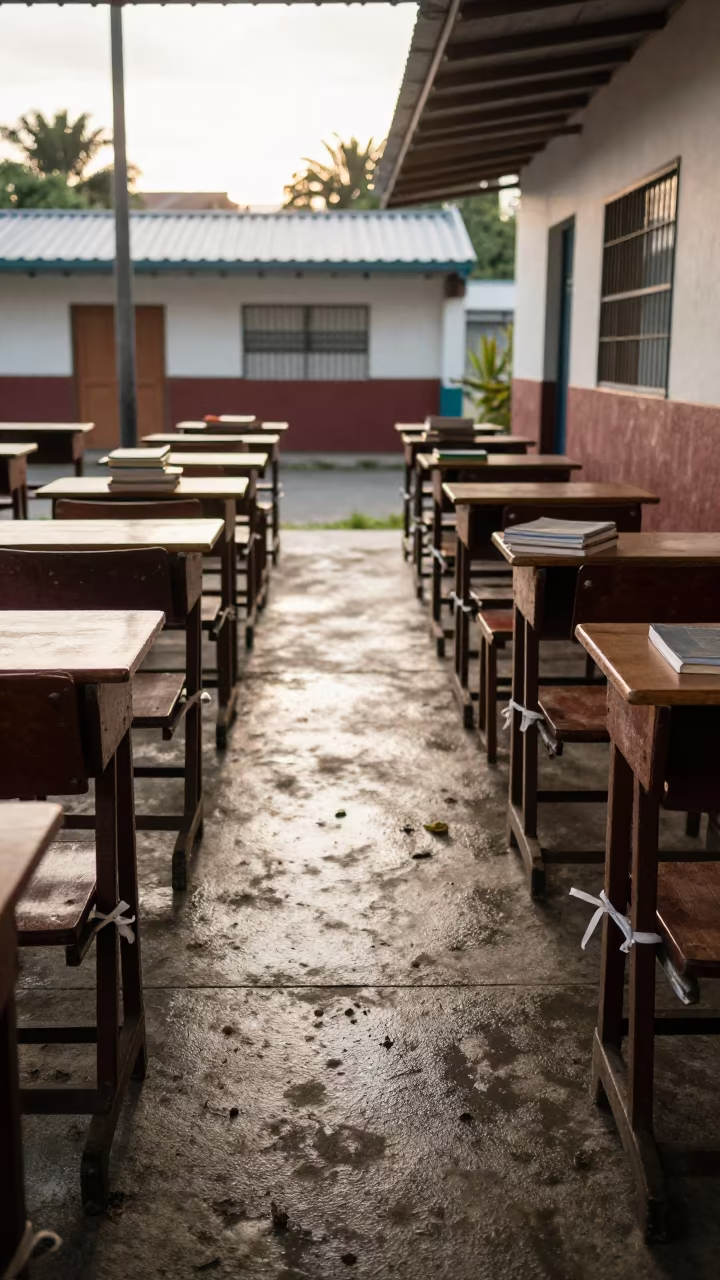 Graduation Chairs Tied with White Ribbons in along a schoolyard walkway in Medellin
