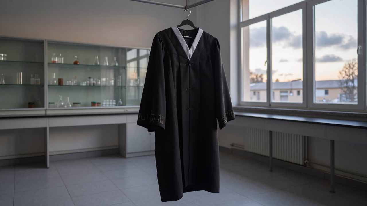 Graduation Gown Hanging in Al Bayda Lab at Dawn in in a school laboratory in Al Bayda
