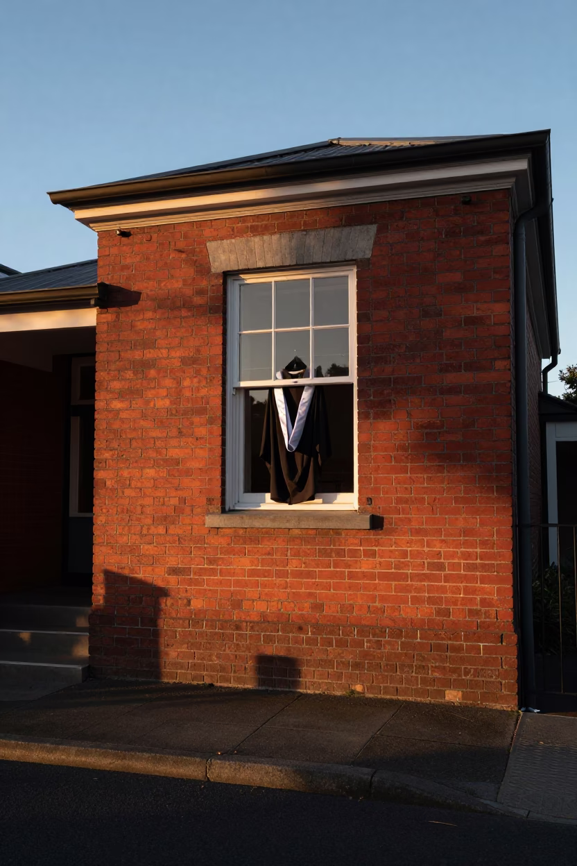Graduation gown hanging beside window at dawn in Christchurch New Zealand street scene in in Christchurch, New Zealand