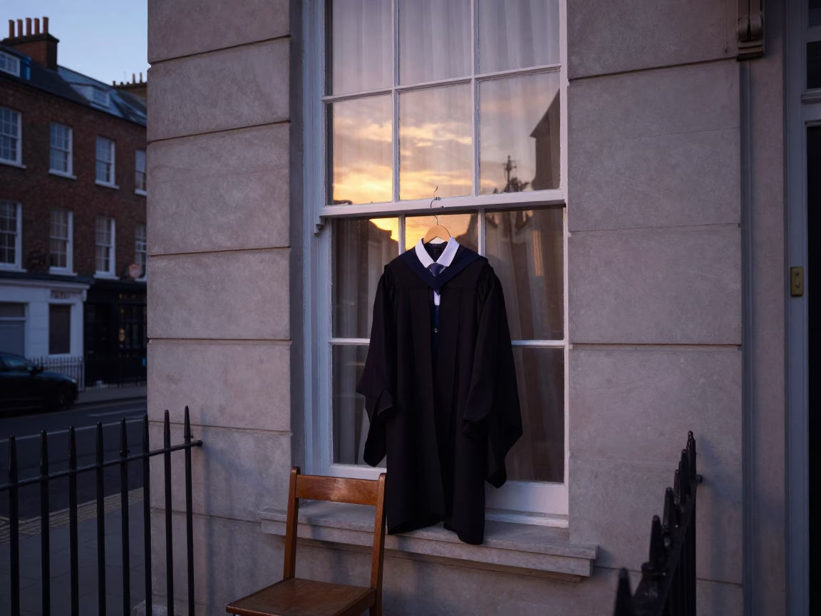 Graduation gown hanging beside window at dawn in Dublin Ireland street photography in in Dublin, Ireland