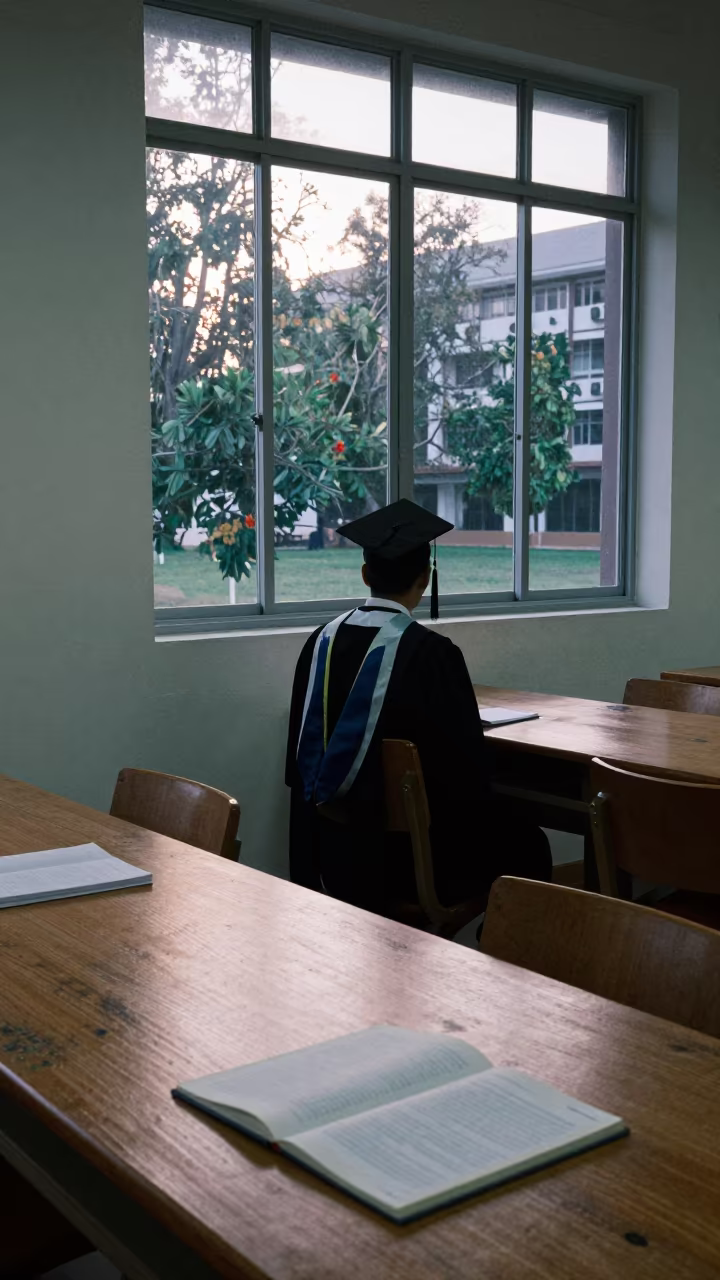 Graduation Gown Hanging Library Window Dawn Phrae in inside a campus library reading room in Phrae