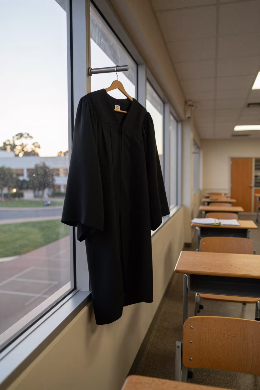 Graduation Gown by Window at Dawn in beside campus bike racks at dawn in Port Elizabeth