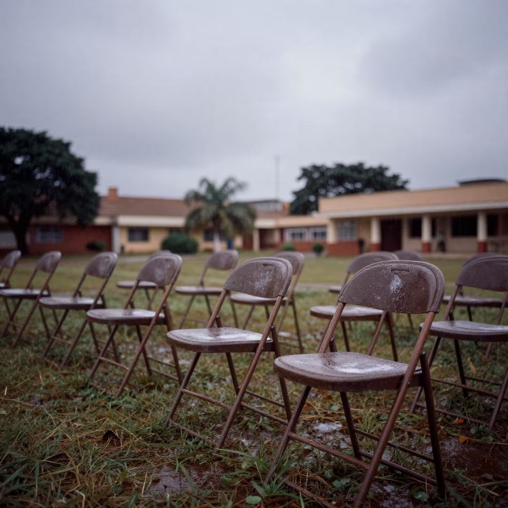 Graduation Lawn Chairs Under Copper Rainy Light in on a graduation lawn under folding chairs near Lagos
