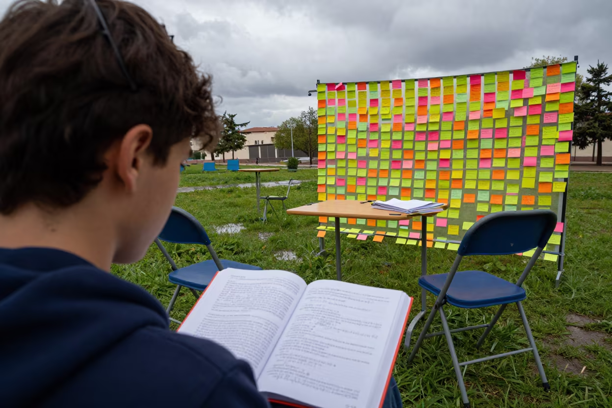 Graduation Lawn Study Carrel Annaba in on a graduation lawn under folding chairs in Annaba