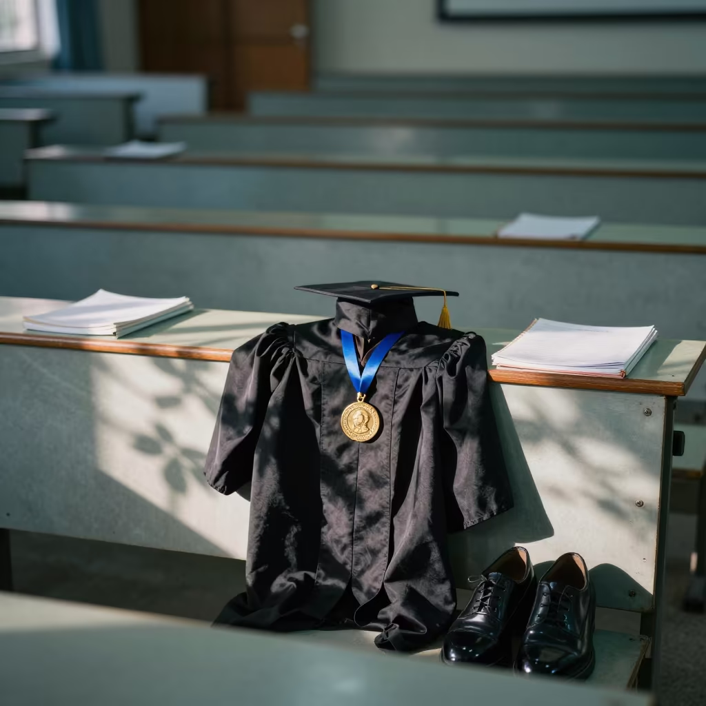 Graduation Medal on Gown Beside Polished Shoes in Lecture Hall in in a lecture hall before the crowd arrives in Davao