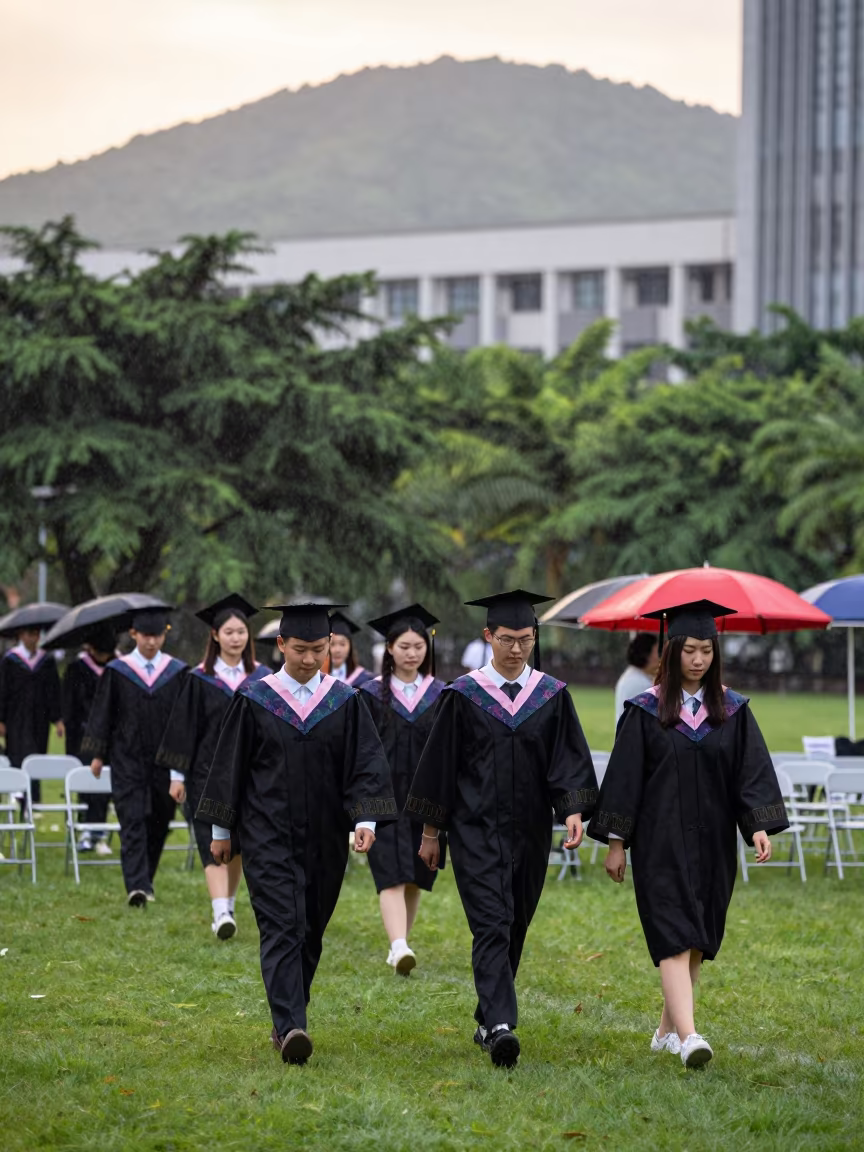 Graduation Procession Shenzhen Monsoon Lawn in on a graduation lawn under folding chairs in Shenzhen