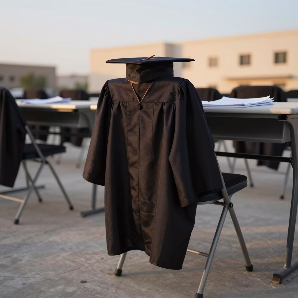 Graduation Robe on Chair at Dawn in at a seminar table covered in notes in Al Hudaydah