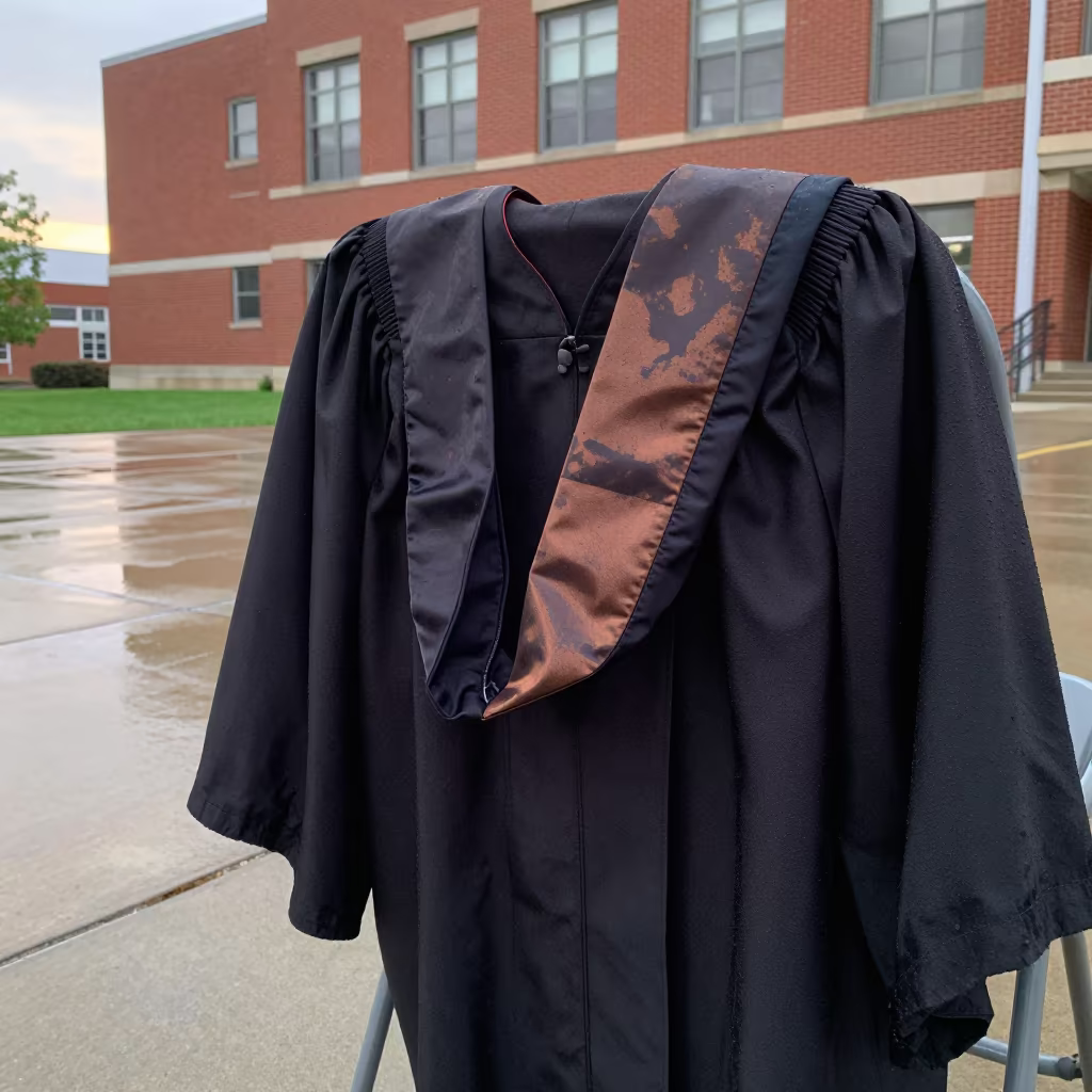 Graduation Robe on Chair at Dawn in outside a brick lecture building near Detroit