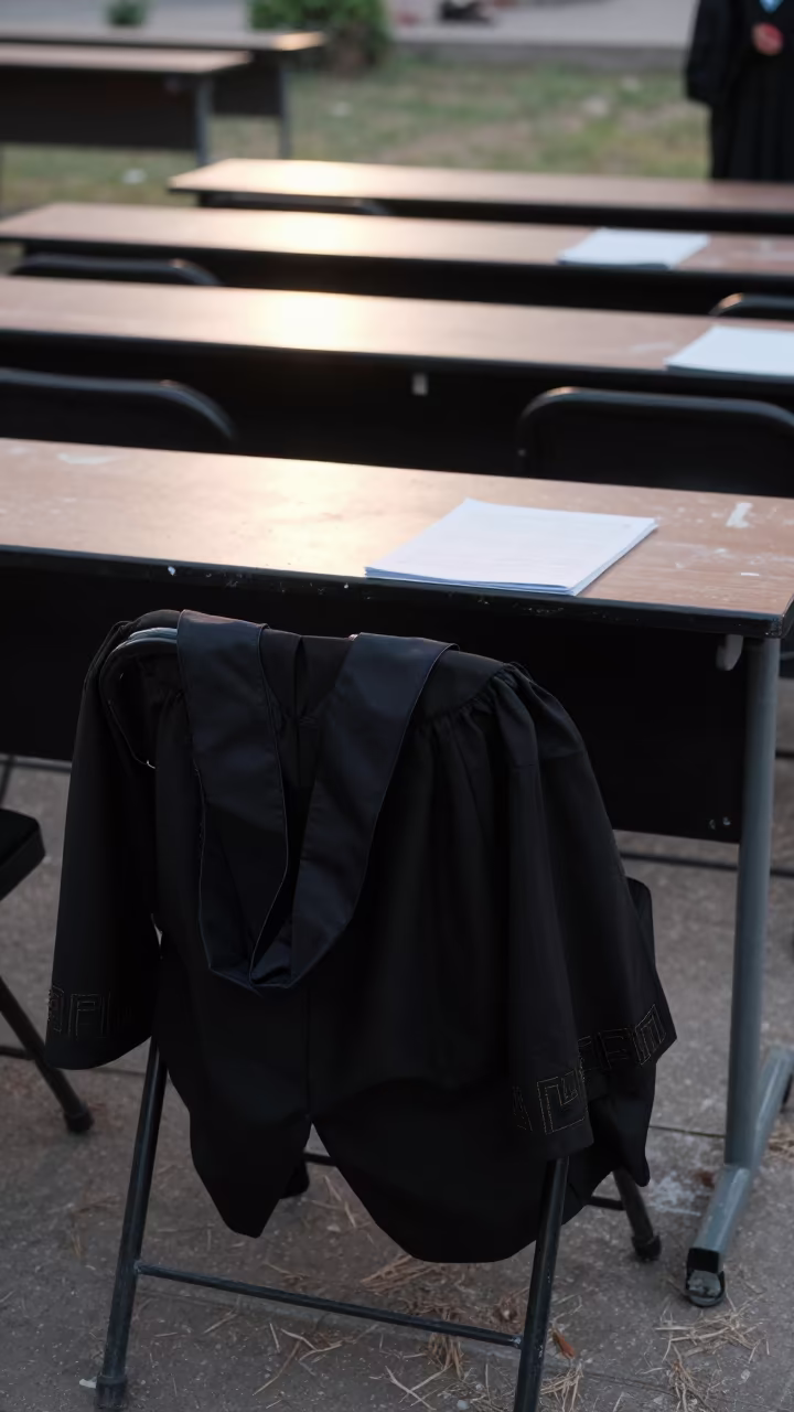 Graduation Robe on Chair at Dawn Seminar in at a seminar table covered in notes in Srinagar