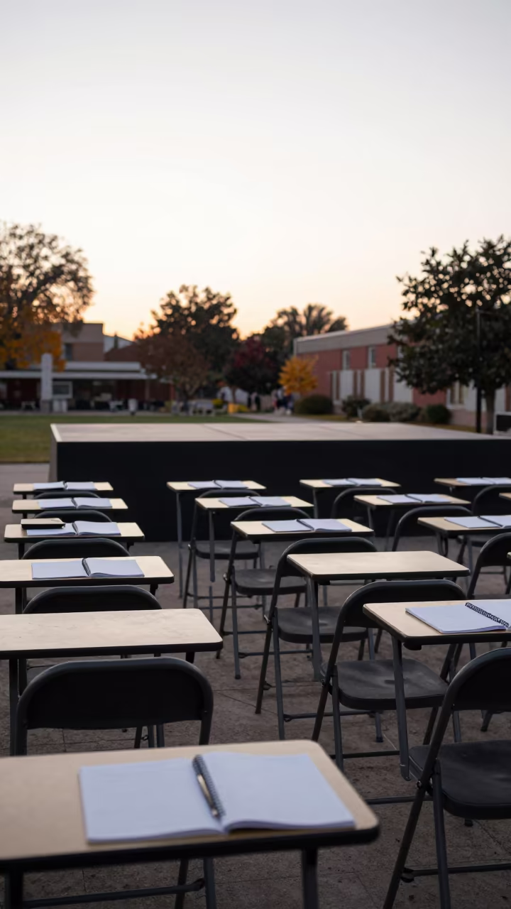 Graduation Stage at Dawn in Rosario in at a seminar table covered in notes in Rosario