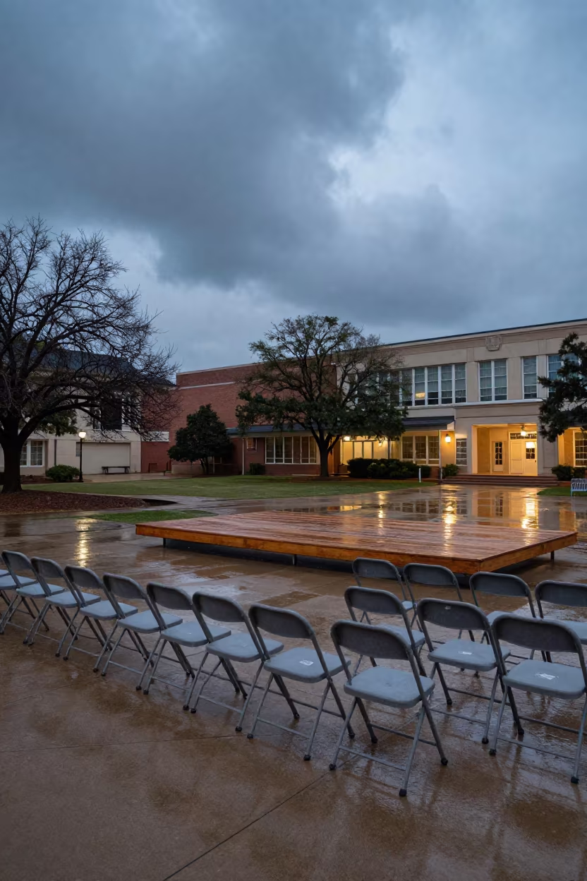 Graduation Stage Twilight Rain Dallas Courtyard in across a rain-washed campus courtyard in Dallas