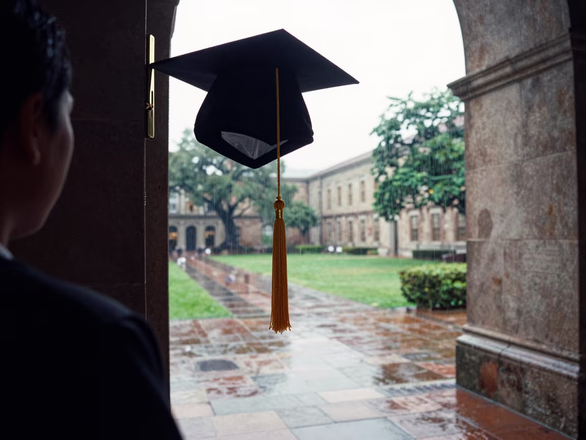 Graduation Tassel in Lima Dorm Window in in a lecture hall before the crowd arrives near Centro Historico, Lima