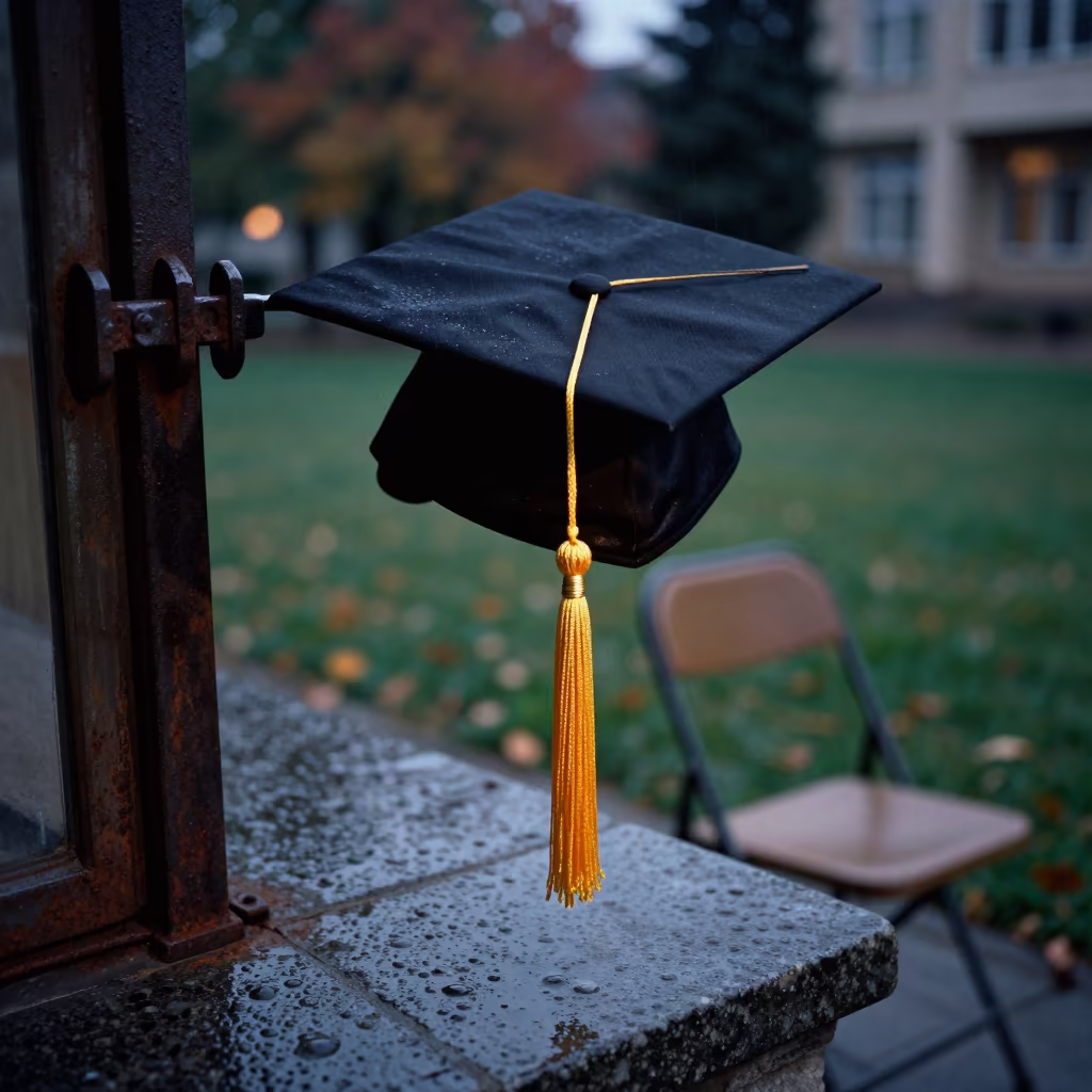 Graduation Tassel in Predawn Firelight in on a graduation lawn under folding chairs in Sheberghan