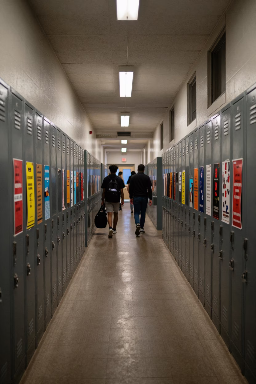 Graduation Week Lockers in Boston School Corridor Early Evening in in Boston, Massachusetts, United States