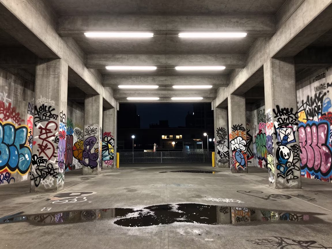 Graffiti Atrium Night Rain Reflections in inside a vaulted atrium in New York