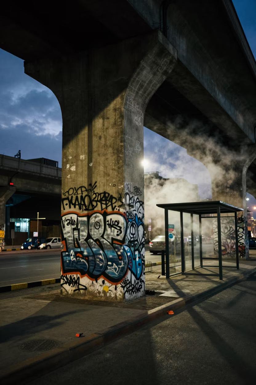 Graffiti on Cairo Overpass Column at Night in beside a steamed-up bus shelter in Cairo