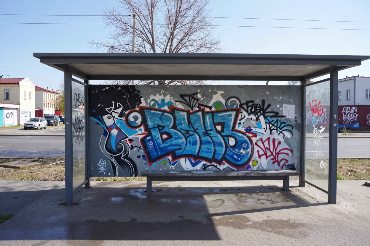 Graffiti Covers Mural at Samara Tram Stop in at a tram stop in Samara