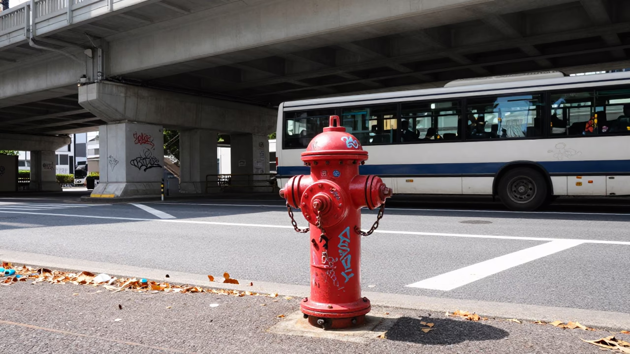 Graffiti Tagged Fire Hydrant Under Tokyo Bridge in beneath a flickering underpass light in Nakameguro, Tokyo