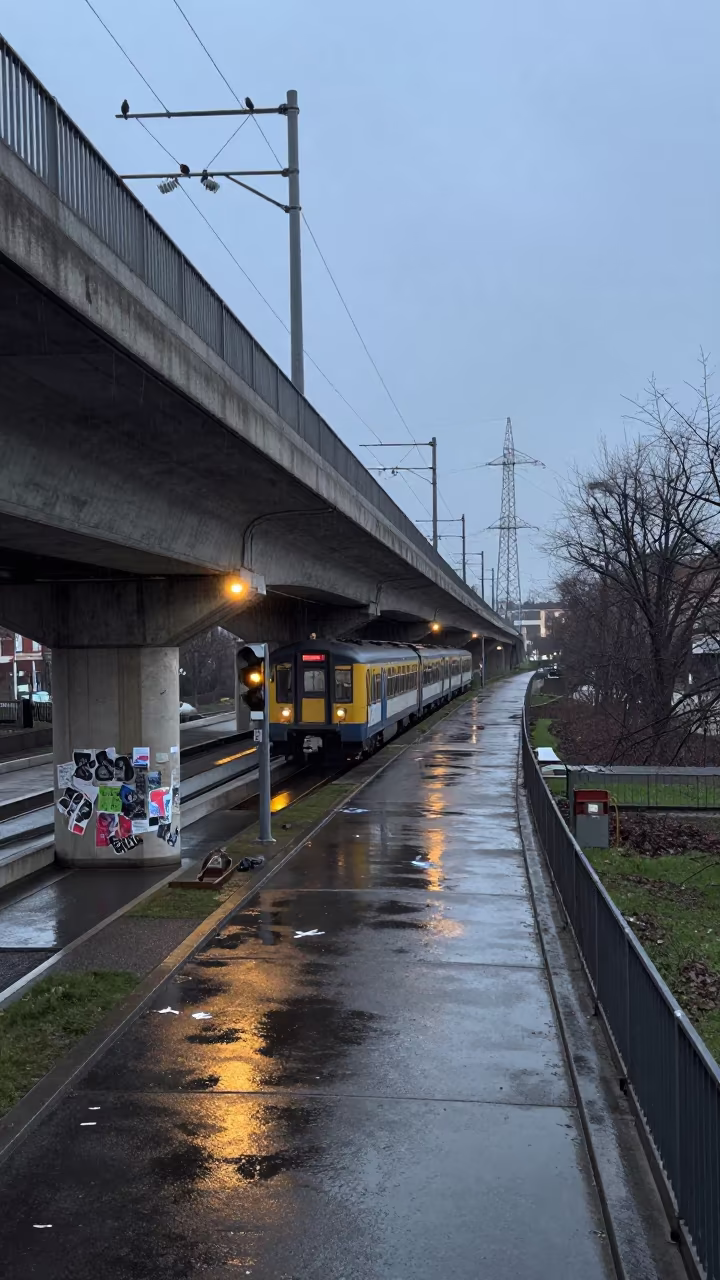 Graffiti Flyover Pier with Embedded Train Car in beneath transmission towers near Milan