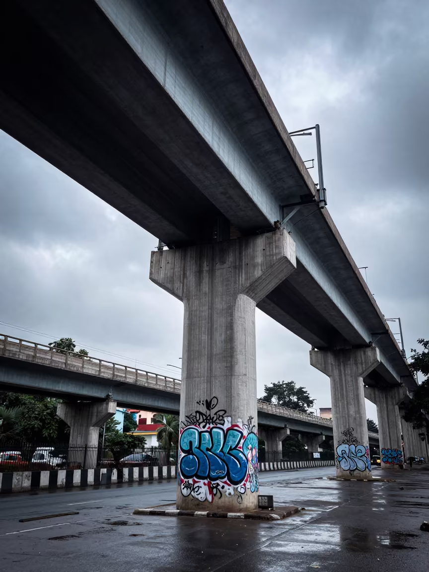 Graffiti on Lucknow Overpass Column at Dawn in under an elevated train line in Lucknow