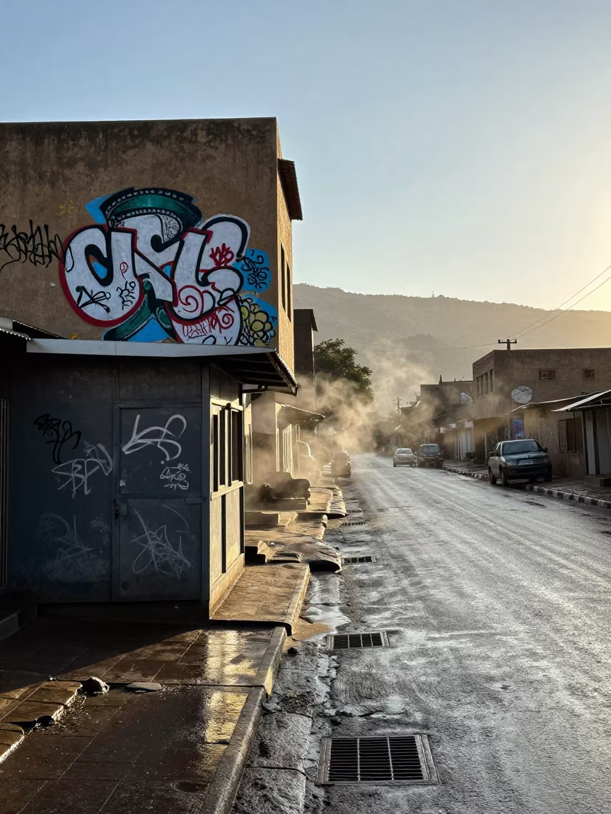 Graffiti Over Mural in Khartoum Alley in by a rain-darkened kiosk in Khartoum