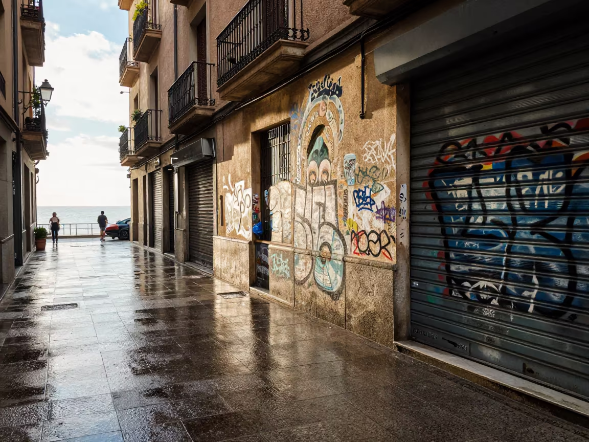 Graffiti Overlay on Zaragoza Alley Mural in along a shuttered arcade in Zaragoza