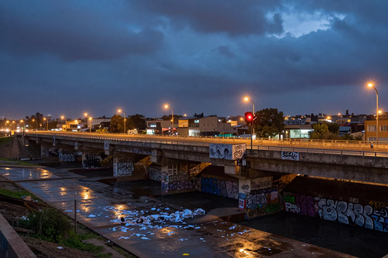Graffiti Pier Above Mali Dam Spillway at Dusk in along a dam spillway in Mali