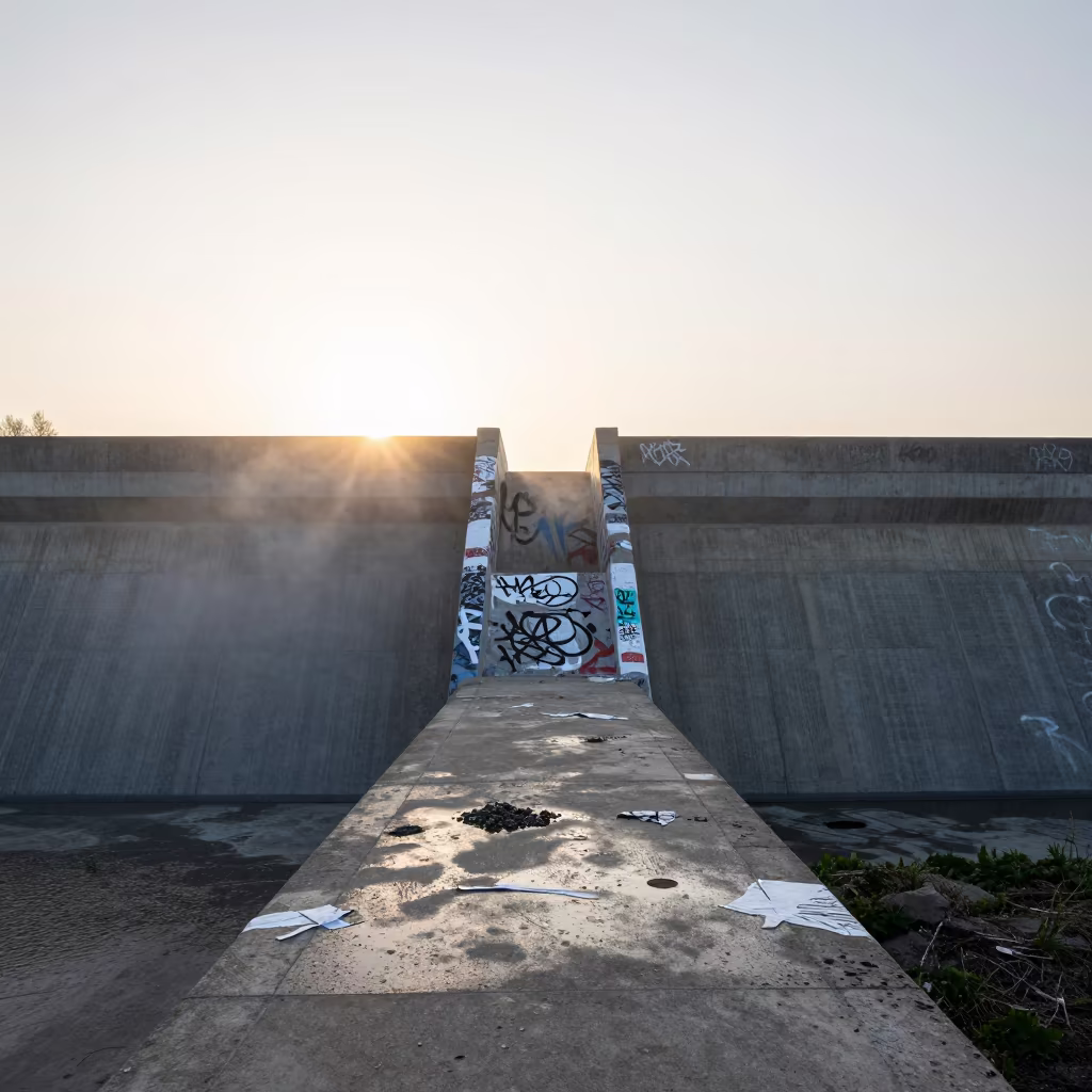Graffiti Pier and Mist at Dam Spillway Dawn in along a dam spillway in United States