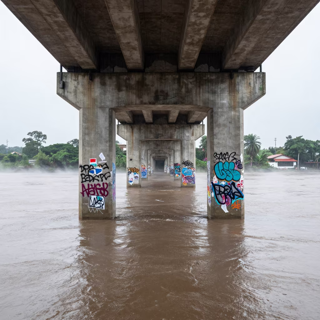 Graffiti Pier Over Floodwater in Bucaramanga Rainy Season in along a levee path above floodwater in Bucaramanga