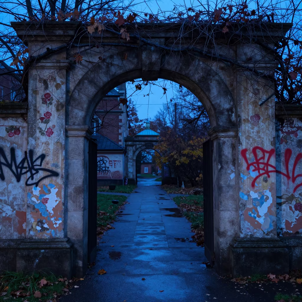Graffiti Roses on Old Wallpaper in Twilight Corridor in along a vine-choked corridor near St Johns