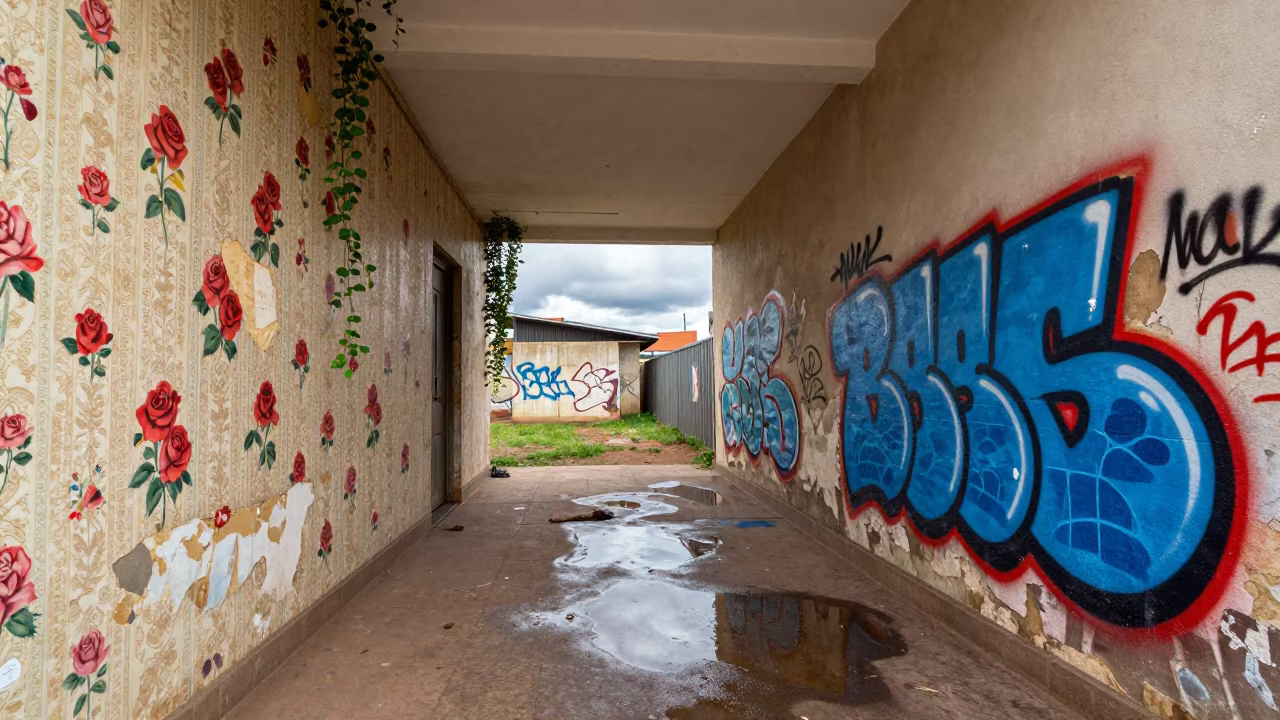 Graffiti Roses on Peeling Wallpaper in Gaborone Corridor in along a vine-choked corridor near Gaborone