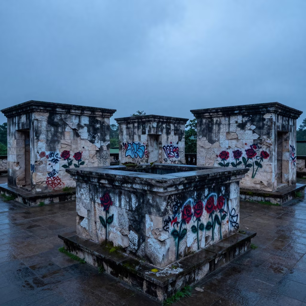 Graffiti Roses on Stone Walls Guatemala in among roofless stone chambers in Guatemala