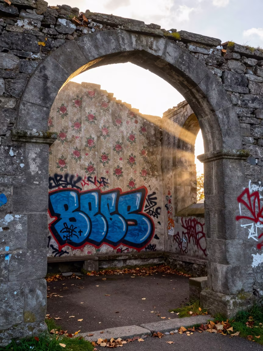 Graffiti Roses on Wallpaper Under Stone Arch in beneath a broken stone arch in the Scottish Isles