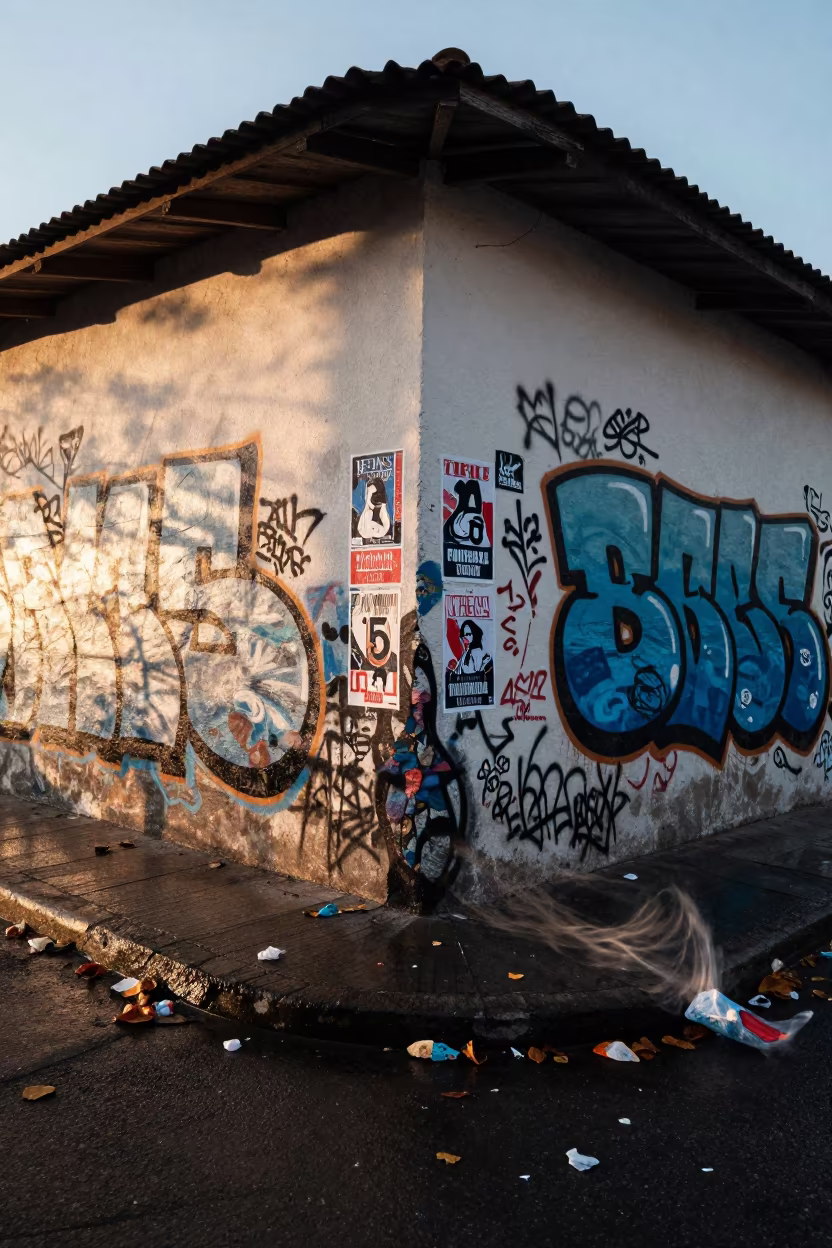 Graffiti Wall Faded Posters Pereira Street Corner in along a market-lined side street in Pereira