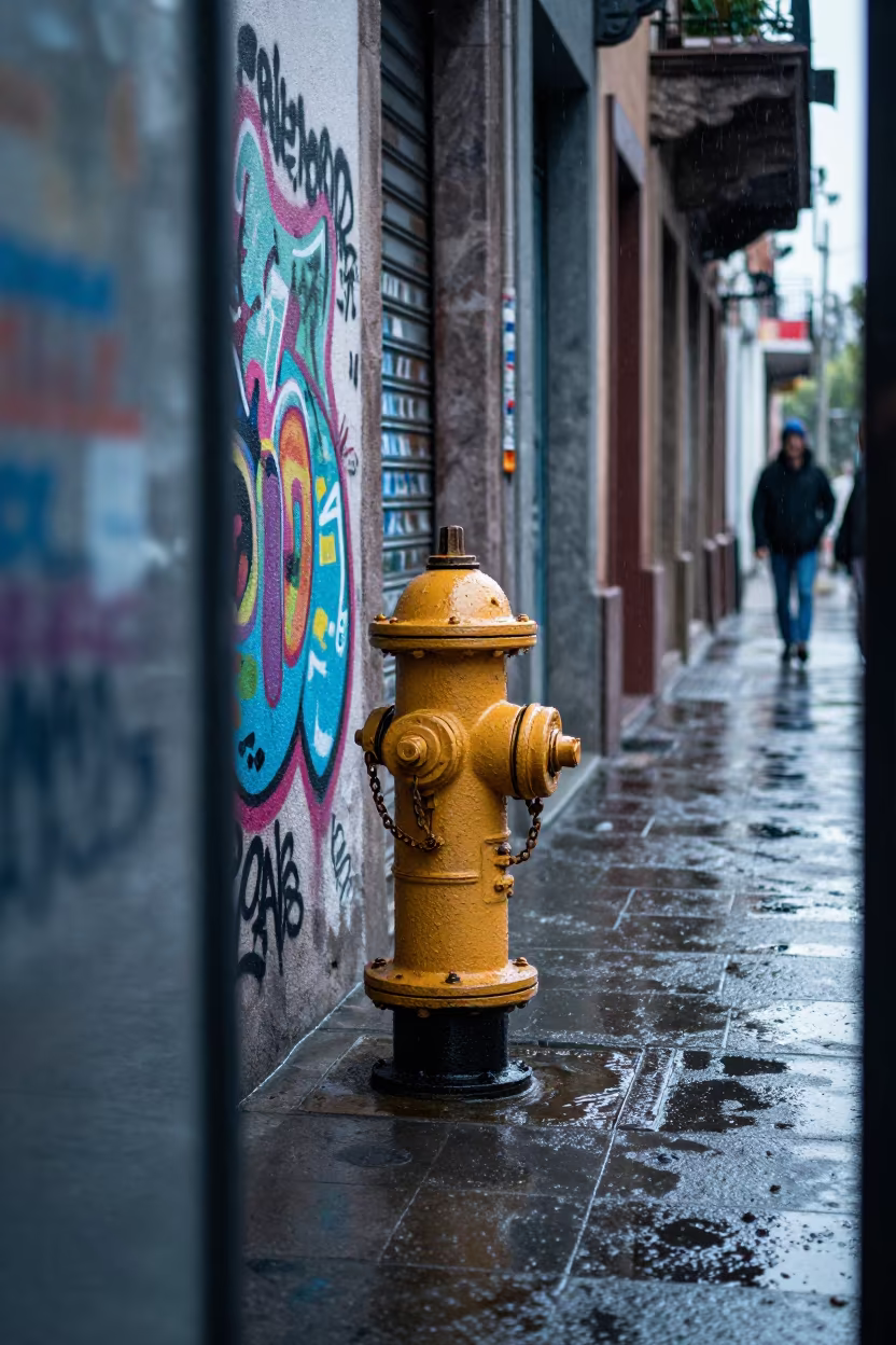 Graffiti Wall Behind Fire Hydrant Chihuahua Dawn in along a shuttered arcade in Chihuahua