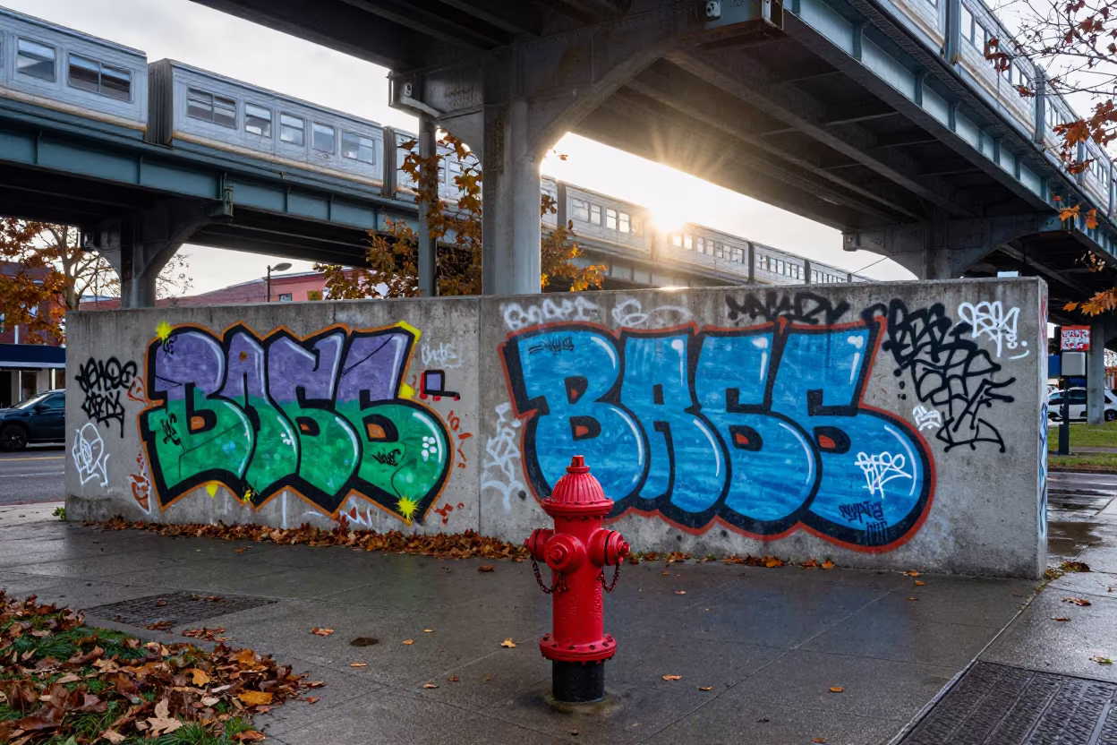 Graffiti Wall Behind Fire Hydrant at Dawn in under an elevated train line in Chatham-Kent
