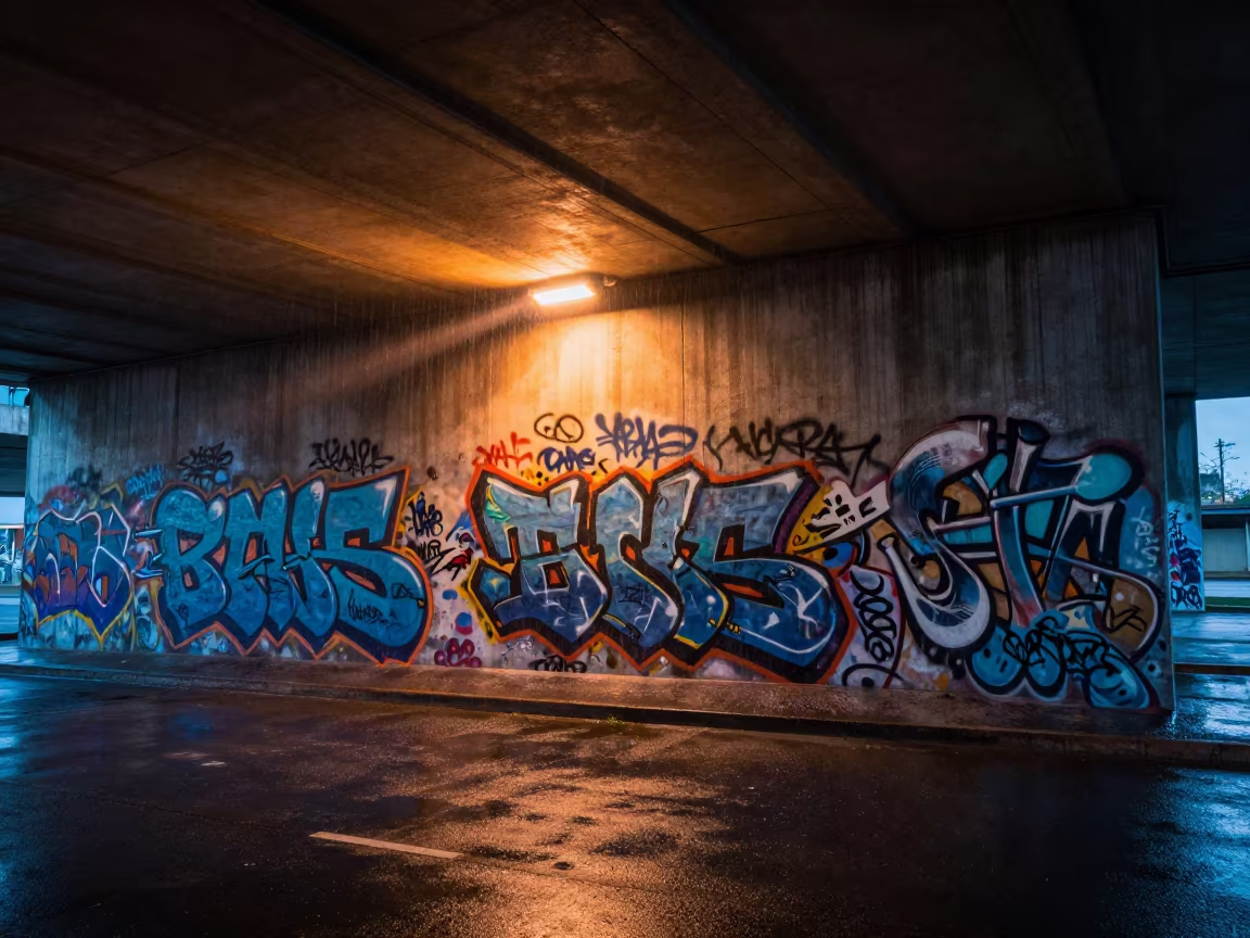 Graffiti Wall Under Suez Tunnel at Dawn in beneath a flickering underpass light in Suez