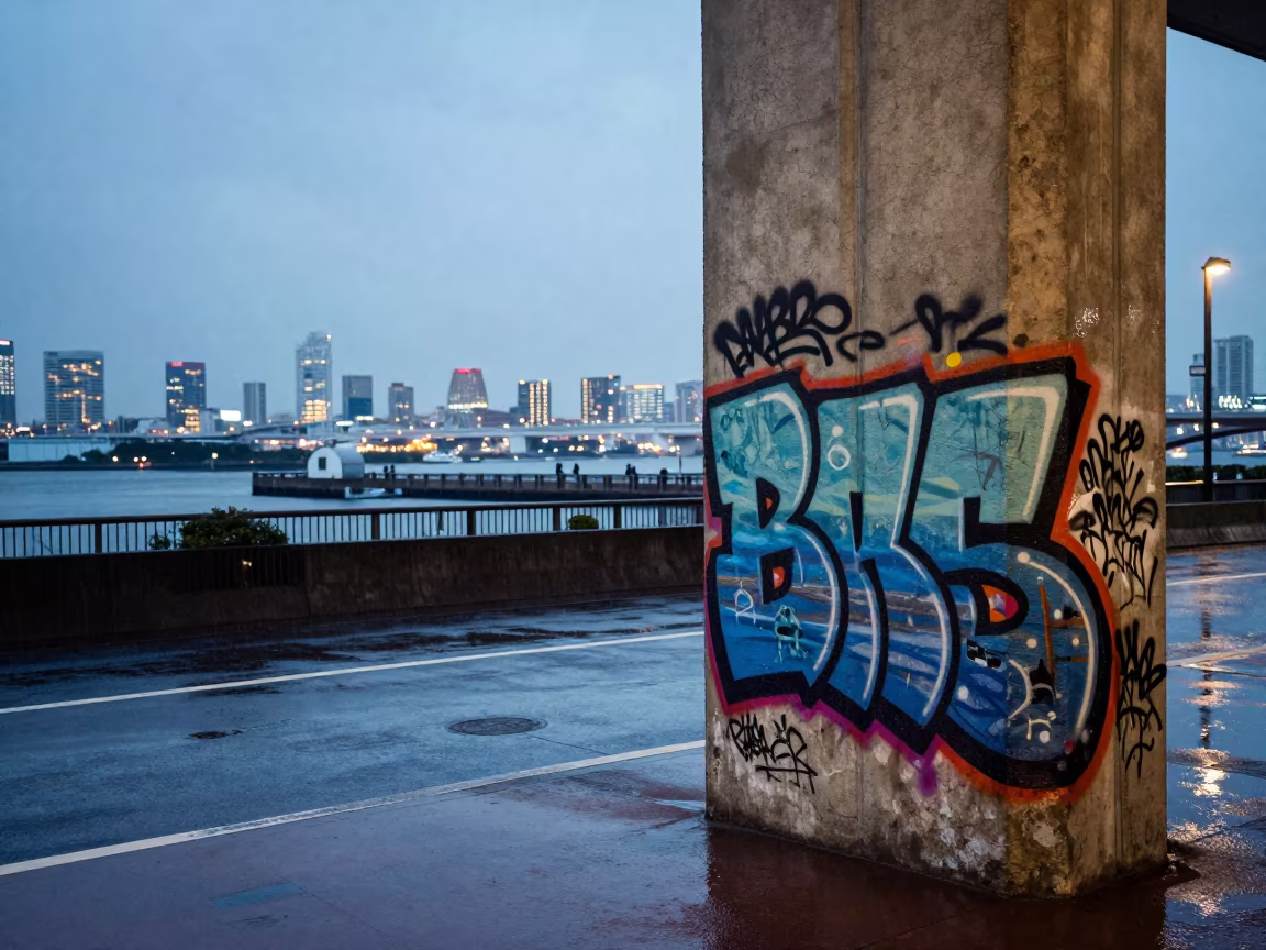 Graffiti Wall Tokyo Odaiba Evening Rain in outside a corner cafe in Odaiba, Tokyo