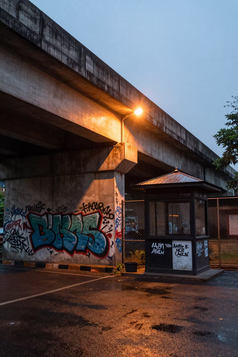 Graffiti Wall Underpass Akola Dusk in by a rain-darkened kiosk in Akola