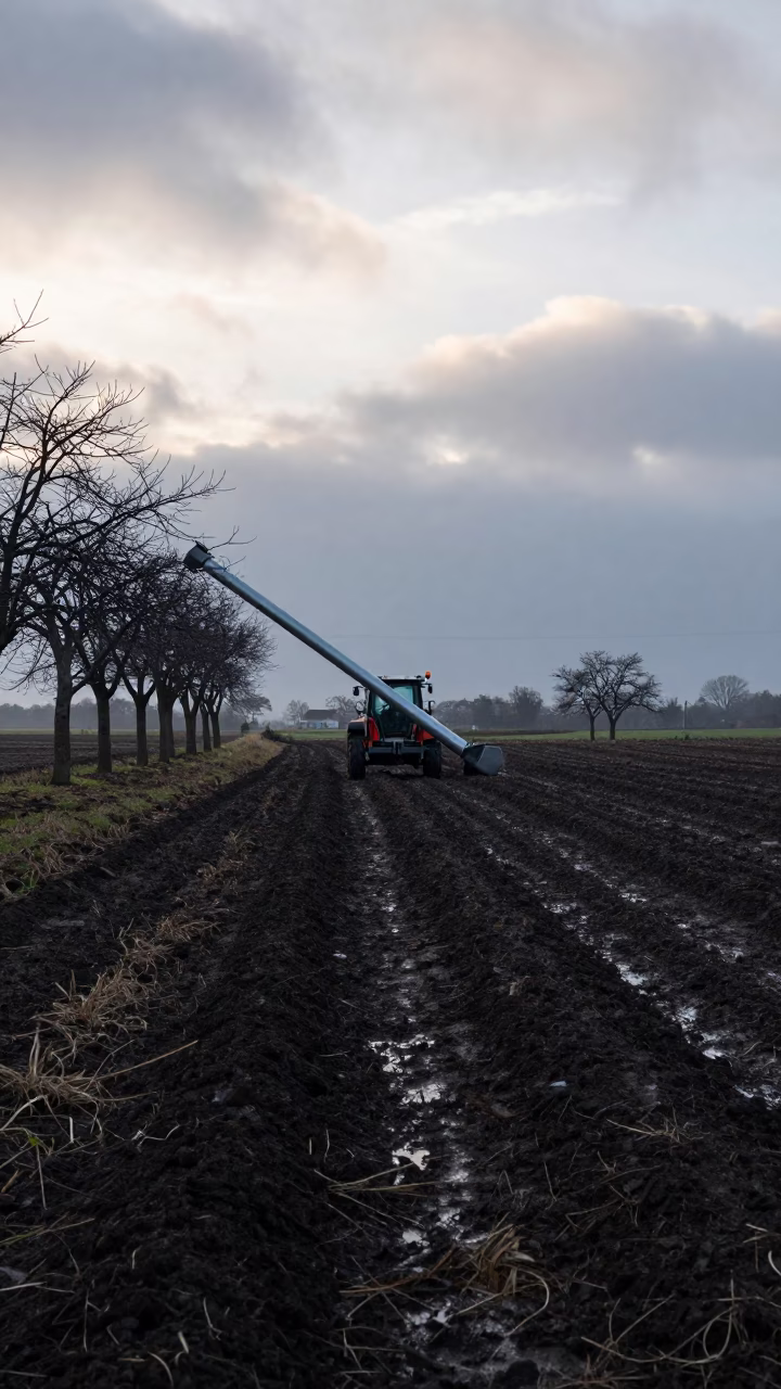 Grain Auger in Apple Orchard After Rain in across a harvested grain field in Douala