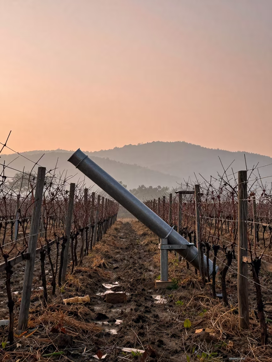 Grain Auger Against Copper Sky in Assam Vineyard in between vineyard trellises in Assam