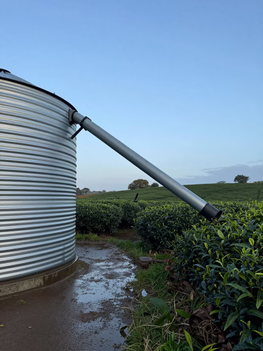 Grain Auger Beside Corrugated Bin at Tea Plantation Dawn in at the edge of a tea plantation in United Kingdom