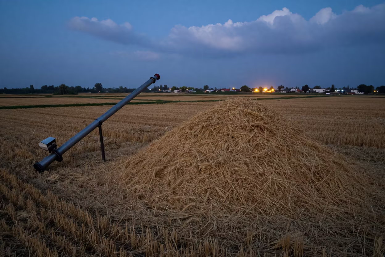 Grain Auger Beside Wheat Mountain at Twilight in across a harvested grain field in Uttarakhand